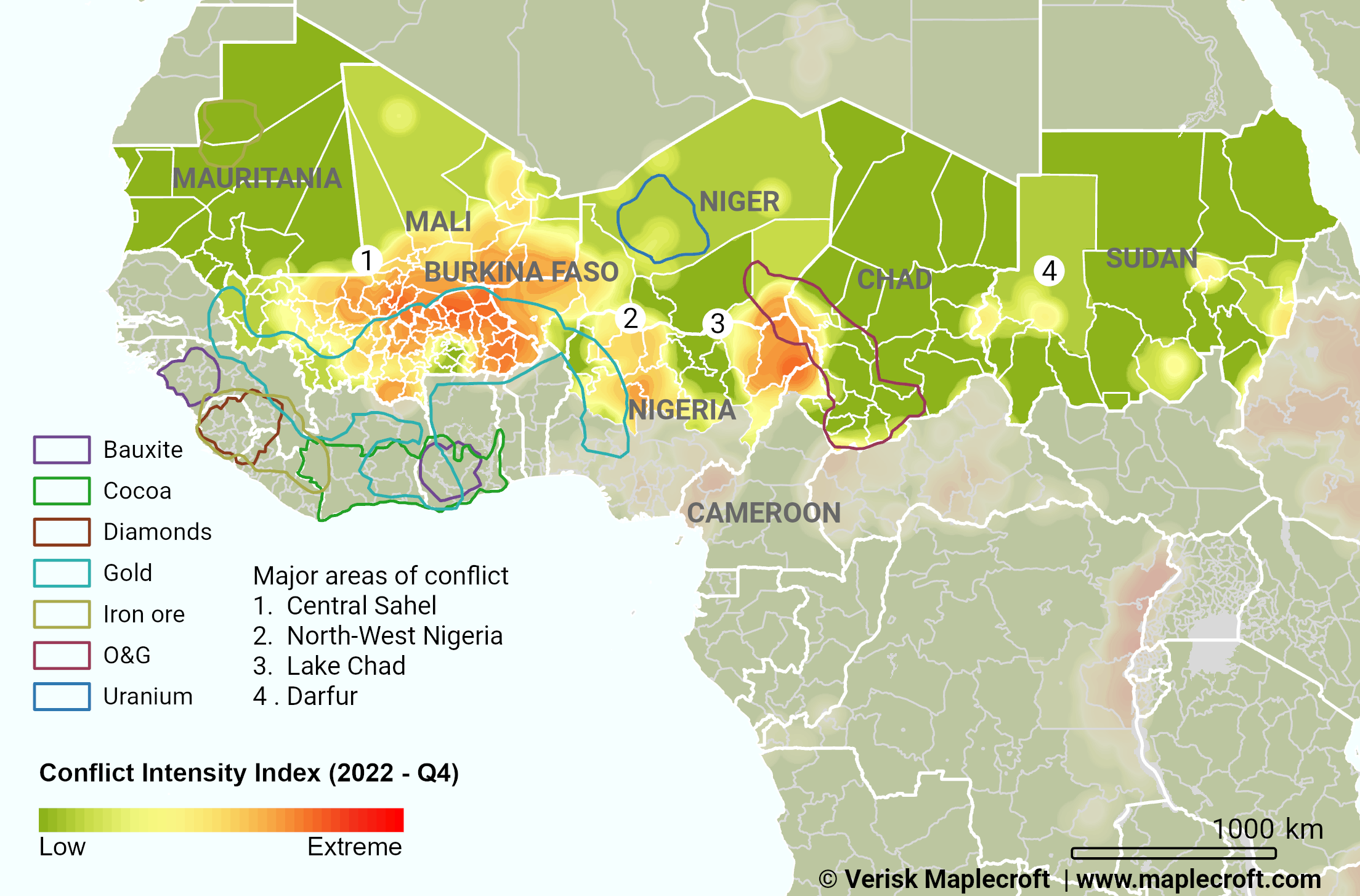 The Sahel, Commodity Production and Conflict Intensity, 2022-Q4